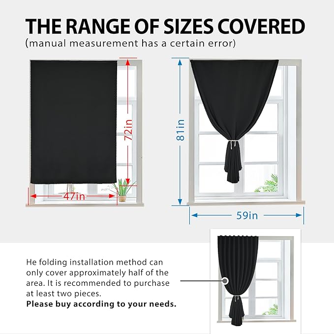 Autohesion Curtains for Windows,Bedroom Blackout Curtains for - Thermal Lnsulated No Drill Curtains Room Darkening Black Small Drapes, JILRON,(1 Panels,47Wx72L inch-Black) - Image 3