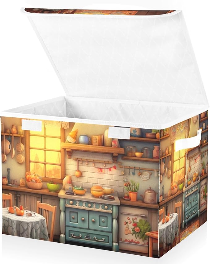 xigua Rustic Kitchen Pattern Storage Bins with Lids and Carrying Handle,Foldable Storage Boxes Organizer Containers Baskets Cube with Cover for Home Bedroom Closet Office - Image 2