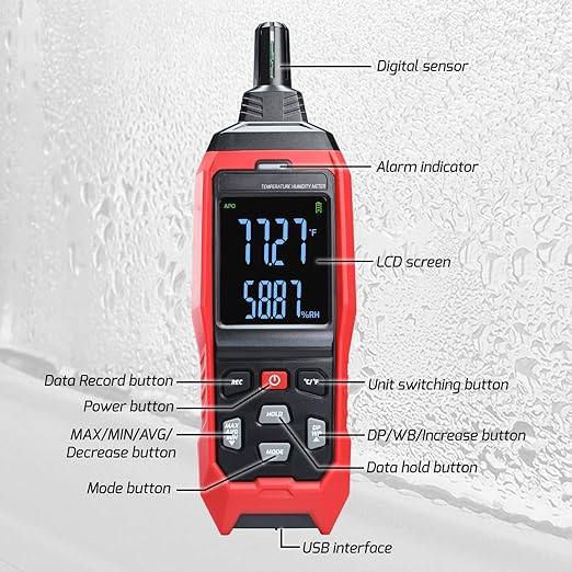 Humidity and Temperature Meter Data Logger Digital Psychrometer HVAC, Wet Bulb Thermometer Record 4000pcs Data and Export, Large LCD Humidity Tester Dew Point Meter with Indicator and Buzzer Alarm - Image 8
