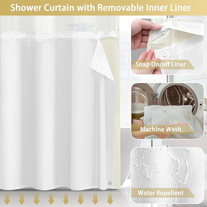 No Hook Shower Curtain and Liner Set,Cream Hotel Waffle Shower Curtain with Liner 75" L x 72" W - Image 4