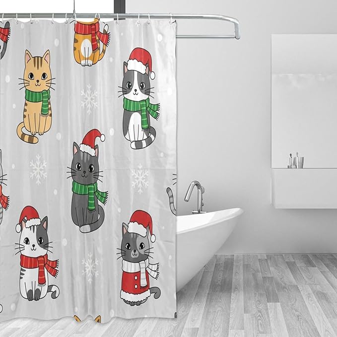 Christmas Cats Gray Shower Curtain Liner 72×72 inch for Bathroom Curtain Anti Mold Shower Curtain with Hooks Bathroom Accessories by Unknown