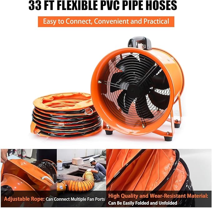 8-Inch High-Velocity Portable Utility Blower Fan, Industrial Exhaust Fan with 33ft Flexible Duct Hose, 3150 RPM Low-Noise Ventilator for Basements, Workshops, Warehouses, and Confined Spaces - Image 5