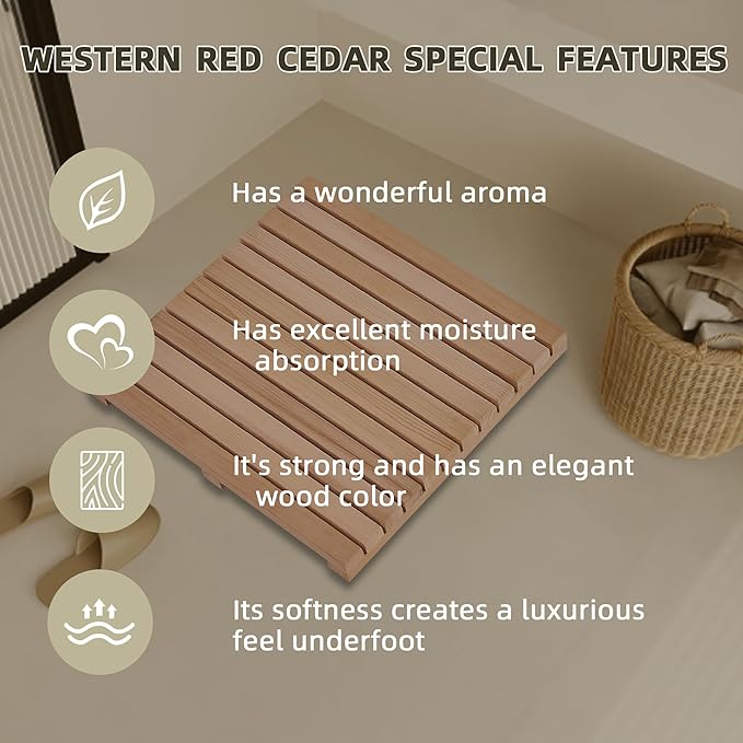 bingaai Cedar Wood Shower Mat 24" × 24", Cedar Wood Bath Mat Square, Wooden Shower Stall Mat Non-Slip for Bathroom Bathtub Spa Sauna Garden Home, Wooden Floor Mat Large for Indoor and Outdoor - Image 2