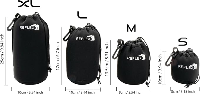 REFLEX CAMERA Drawstring Camera Lens Pouches 4 Pack (S/M/L/XL) Thick Padded Pouch Set for Maximum Protection Waterproof Shockproof Dust Resistant Neoprene Cases for Canon, Nikon, Pentax, Sony, Olympus - Image 4