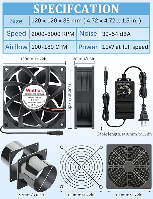 Wathai 120mm x 38mm 4 Inch Small Exhaust Fan 12V Duct Fan with Speed Control, Fume Extractor for Paint Booth, Soldering, Laser Engraving, Greenhouse Ventilation - Image 2