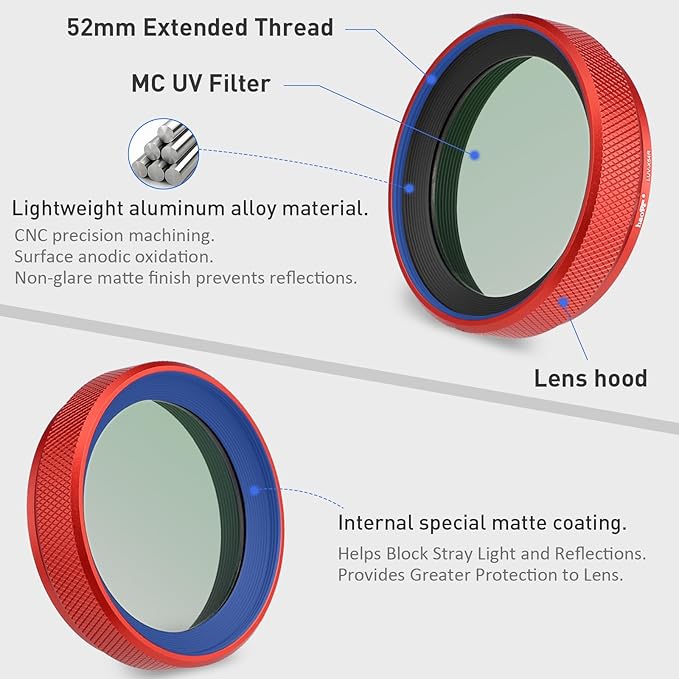 Haoge LUV-X54R Metal Lens Hood with MC UV Protection Multicoated Ultraviolet Lens Filter for Fujifilm X100VI Fuji X100V Camera Red - Image 7