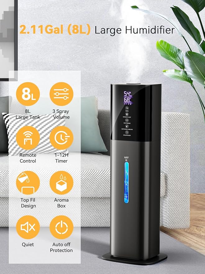 Humidifiers for Bedroom, 8L Quiet Humidifiers for Large Room with Timer, 360°Nozzle, 3 Speed Ultrasonic Cool Mist Humidifier with Humidistat for Baby, Customize humidity for Home Adults Plants - Image 2