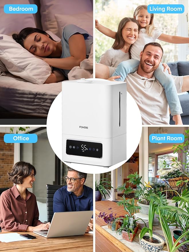 FOHERE 6L Humidifiers for Bedroom, 60H Cool Mist Humidifier for Large Room, 28dB Ultra-Quiet Runtime for Baby, Indoor, Plants, Smart Humidity Sensor, 16H Timer, Night Light, Oil Diffuser, White - Image 7