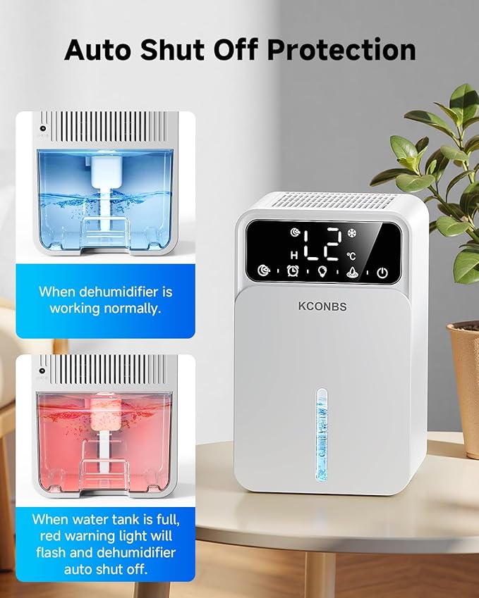 Dehumidifier for Home, 60 OZ Capacity, Auto Shut-Off for Medium Rooms up to 500 Sq.Ft, Portable Quiet for Bedroom Bathroom Basement, 24H Timer & 7 Color Lights (White, 7.36 × 6.77 × 10.47 inch) - Image 5
