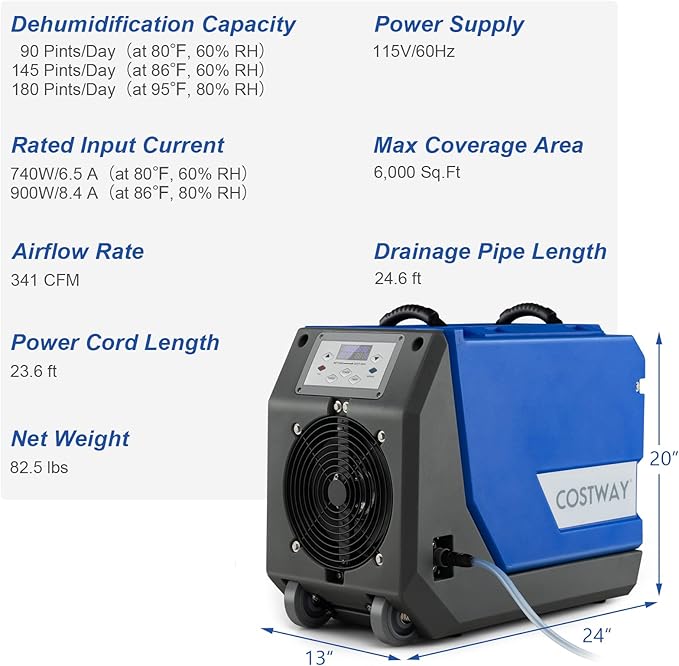 COSTWAY 180 PPD Crawl Space Dehumidifier with Pump, 24.6 Ft Drain Hose, Auto Defrost & Memory Function, 6,000 Sq. Ft Commercial Dehumidifier for Basement, Warehouse, Job Site, Water Damage Restoration - Image 6