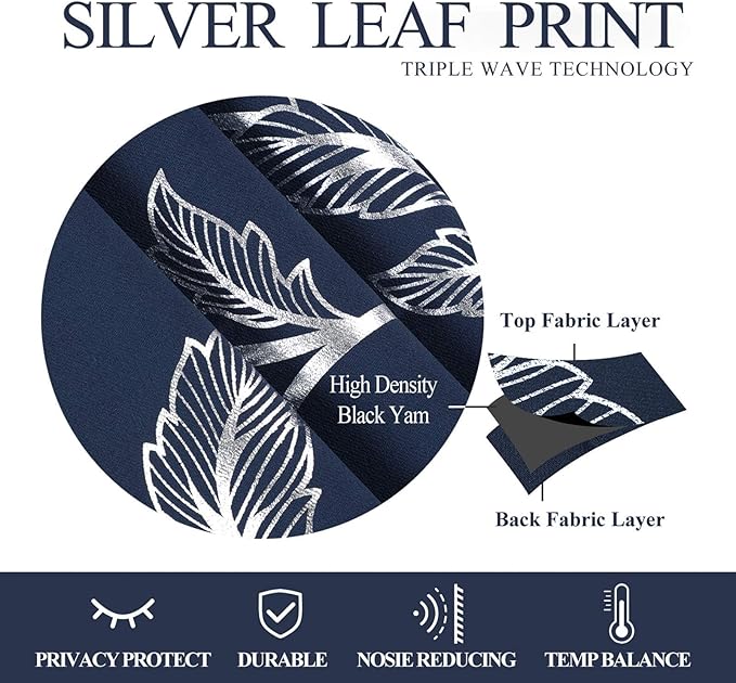 BUHUA Silver Grey Blackout Curtain 2 Panel Set Vine Foil Print Thermal Insulated Drapes Room Darkening Curtains Grommet Window Treatment, 66 x 72 Inch, Navy Blue - Image 5