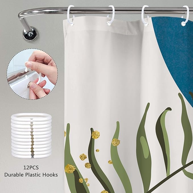 Blue Boho Modern Shower Curtain 72Wx72H Mid Century Abstract Gold Green Leaves Sun Arch Minimalist Geometric Aesthetic Plant Bathroom Decor Neutral Bath Curtain Fabric Polyester 12 Pack Hooks - Image 5