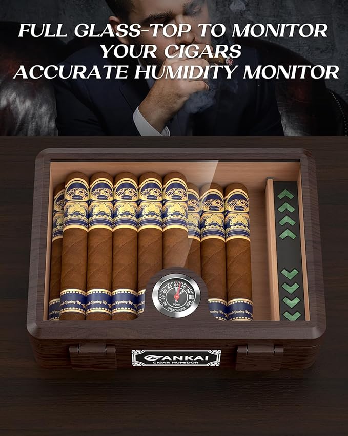 Cigar Humidor, Glass top Cigar Case with Straight Cutter Guillotine, V Cut, Punch Tool, Spanish Cedar Wood Lining Case, Crush-Proof Storage Box with Humidifier & Hygrometer - Image 7