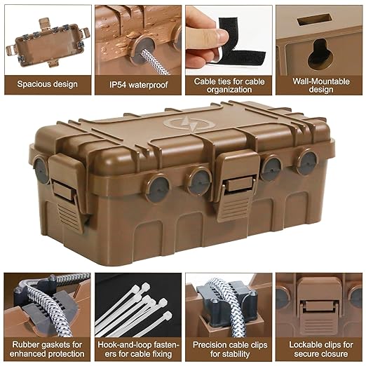 Medium Outdoor Electrical Box (11.6x5.2x4.1 inch), IP54 Waterproof Extension Cord Cover w/ 6 Cable Entry, Weatherproof Connection Box for Power Strip, Plug, Timer, Holiday Lights, Brown - Image 6