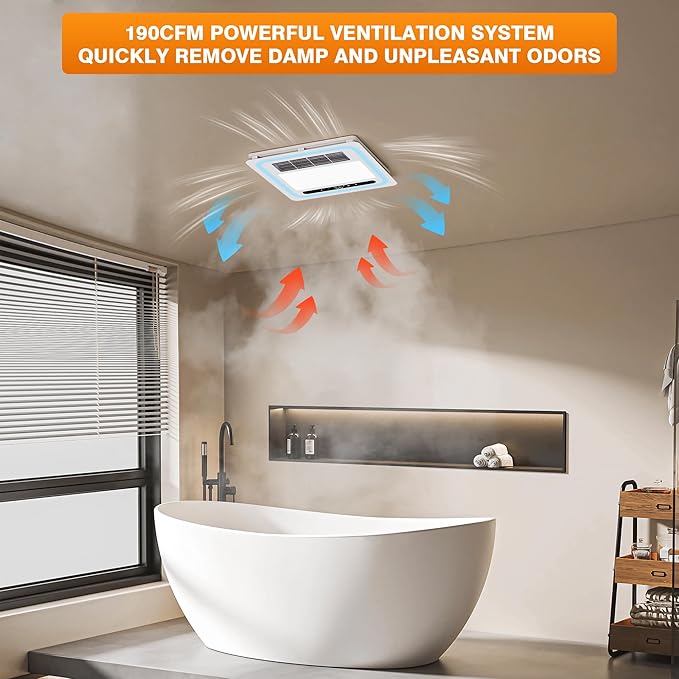4 in 1 Bathroom Exhaust Fan with Heater, 190 CFM Bathroom Exhaust Fan with Light, 1800W Heating Power, 1.0 Sone Bath Fan with Light, Heating, Ventilation, Remote Control, UL Listed - Image 2