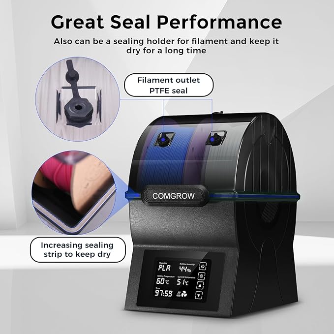 Comgrow Filament Dryer Box, SH02 Dry Box Filament Sealed Storage Box 3D Printer 2 Spools Holder with PTC Fast Heater, Filament Dehydrator with Touch Screen Compatible with PLA PETG TPU ABS 1.75/2.85mm - Image 7