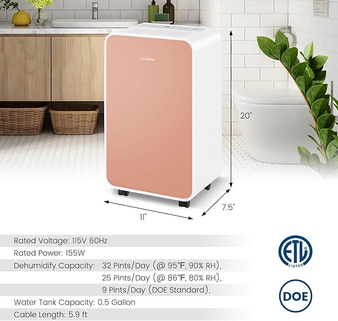 COSTWAY 2500 Sq. Ft Dehumidifier for Basement, 32 Pints Portable Quiet Dehumidifier for Bedroom Bathroom with Sleep Mode, 24H Timer, Auto Shut Off, Auto Defrost & Drain Hose (Pink) - Image 6
