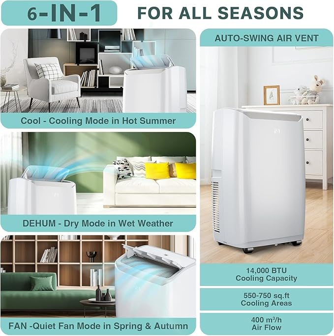 6-In-1 Portable Air Conditioner with 14000 BTU Cooling, Dehumidifying & Fan, Quiet Operation and Easy Mobility, Remote Control, Enhanced Air Quality for Home & Office,Black Top - Image 4