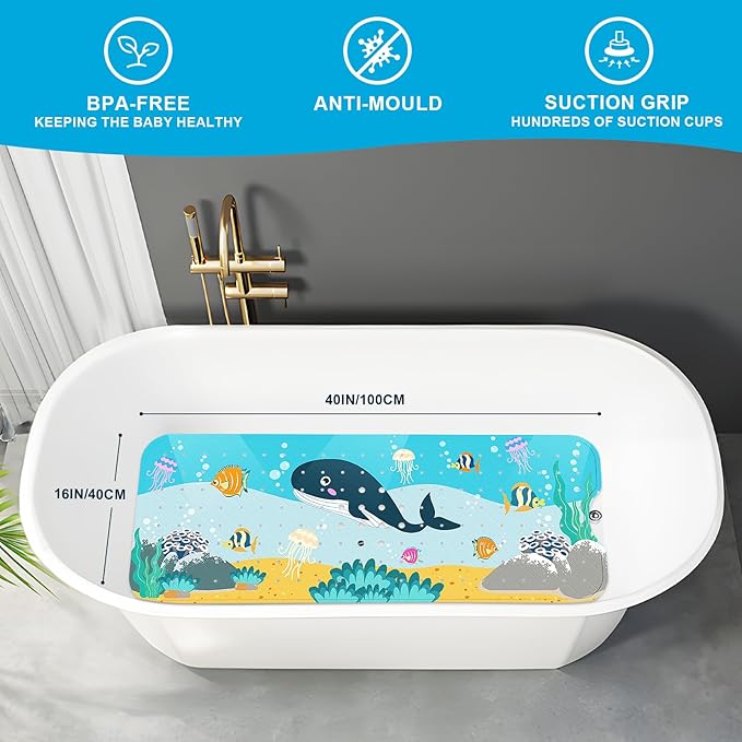 XIYUNTE Baby Bath Mat for Tub Non Slip Kids Bath Mat - 40''x16'' Extra Long Cartoon Bathtub Mat Non Slip Kids Shower Mat Eco-Friendly Toddler Bath Mats with Suction Cups, Machine Washable - Image 2