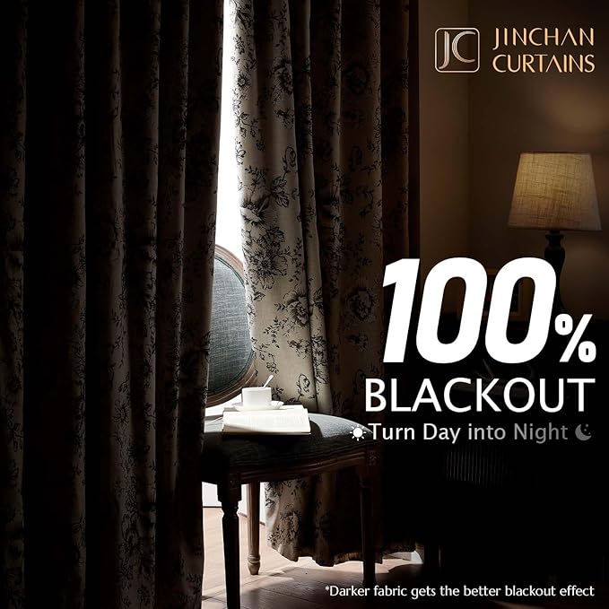 jinchan Blackout Linen Blend Curtain Floral Blackout Curtains for Living Room 72 Inch Length Black Printed with Lined Blackout Curtain for Bedroom Farmhouse Curtains Set 2 Panels - Image 2