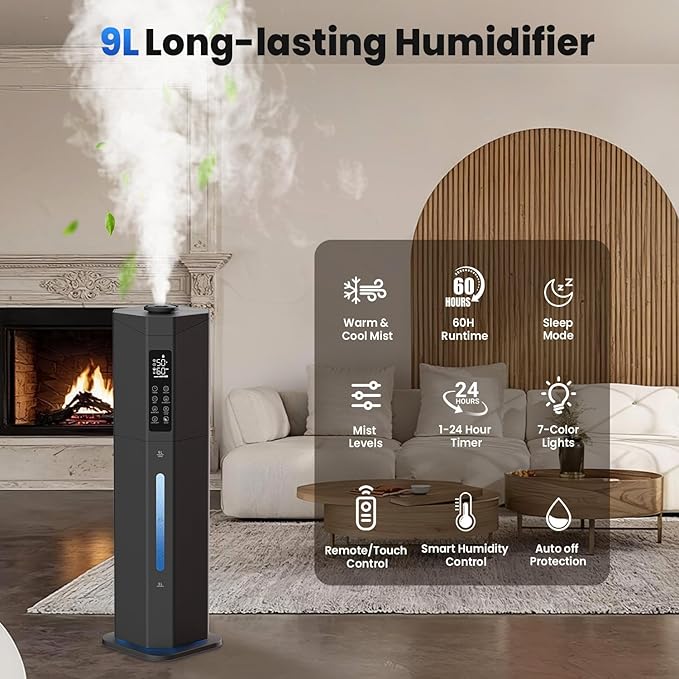 Humidifiers for Bedroom - GloryAir 2.38Gal/9L Top Fill Warm & Cool Mist Humidifier for Large Room 750ft² with Auto Mode 7-Color Light, Humidistat, Quiet Humidifier for Plants Baby Adults Home & Office - Image 4