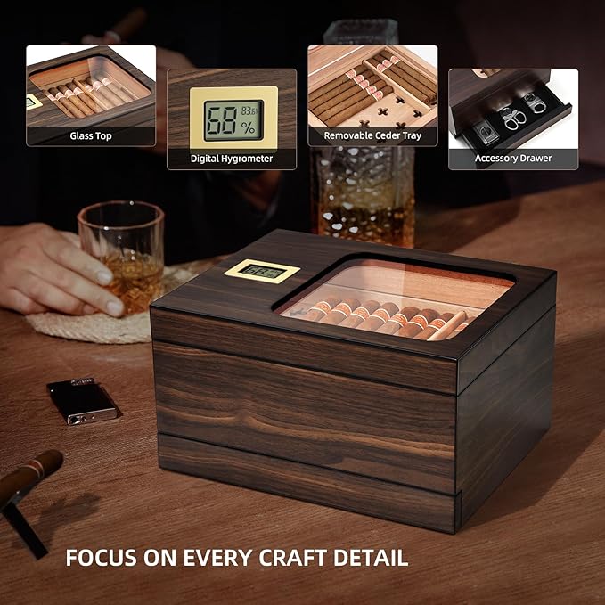 Cigar Humidor, Modern Glass Top Cedar Humidor Cigar Box with Accessory Drawer, Digital Hygrometer,Handcrafted Cedar Wood Tray and Divider, Cigar Case for 30-55 Cigars, Cigar Accessories for Men - Image 4