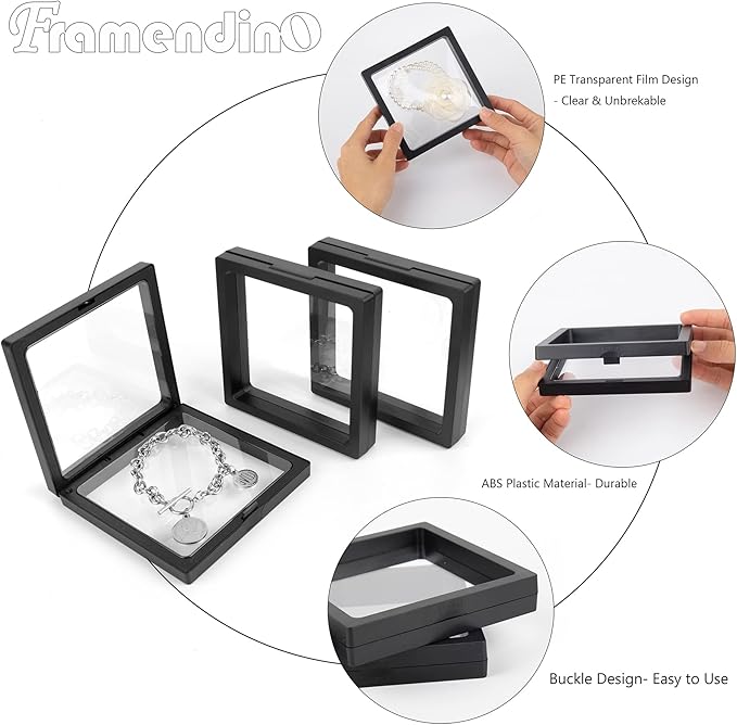 Framendino, 20 Pack Black 3D Floating Frame Display Case Challenge Coin 4.3x4.3x0.8 Holder Stands Jewelry Storage Box for AA Medallion Shells Gems - Image 7