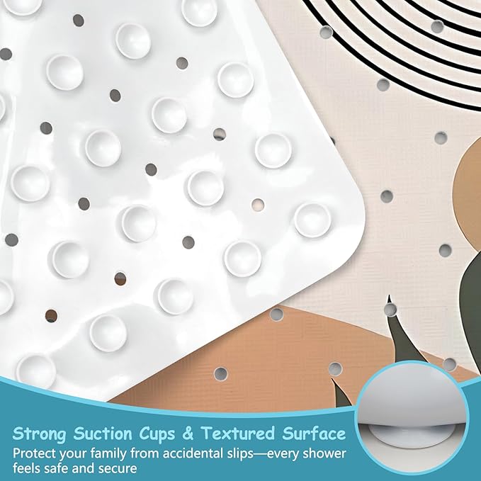 Leaves Square Anti Slip Shower Mats for Inside Shower Accessories, Boho Bath Mats for Bathroom Non Slip Shower Floor Mat Decor Rubber Bathmat with Suction and Drain Holes Machine Washable, 21″X21″ - Image 3