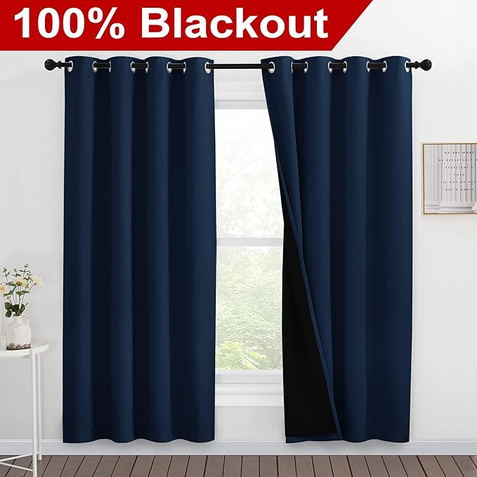 NICETOWN Full Shade Curtain Panels, Pair of Energy Smart & Noise Blocking Out Blackout Drapes for Apartment Window, Thermal Insulated Guest Room Lined Window Dressing(Navy Blue, 55 x 78 inch) - Image 2