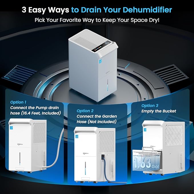 5,000 Sq.Ft Most Efficient Energy Star 2024 Dehumidifier with Pump,Vellgoo Max 120 Pint/D Compressor Dehumidifier for Basement with Drain Hose, Smart Humidity Control - Image 5