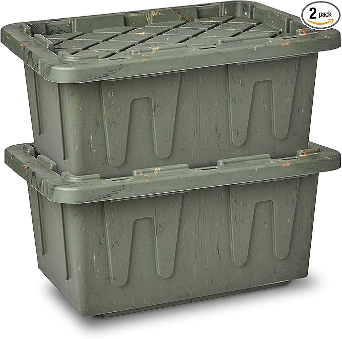 HOMZ 2-Pack Durabilt Tote, Heavy Duty Plastic Storage Bins with Lids, 15 Gallon, Green Camo - Stackable Organizing Containers for Home, Garage, and Office by Homz