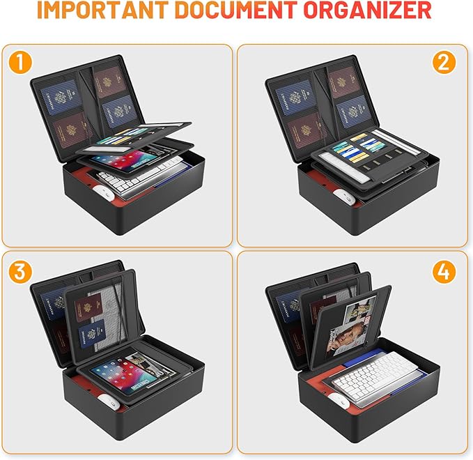 Fireproof Document Box with Lock, Hard Case Files Safe Organizer, 8-Layer Fireproof Water Resistant Safe Box, Portable Home Travel Safe Storage for Important Documents Passports Jewelry Cash (Black) - Image 2