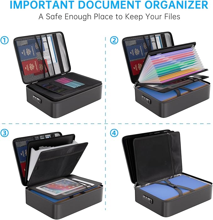ENGPOW File Organizer Bag with 13 Pocket Accordion File Folder, Fireproof Document Organizer with Lock& Labels,Multi-Layer Portable Home Travel Safe Storage Box for Important Documents,Files and More - Image 3