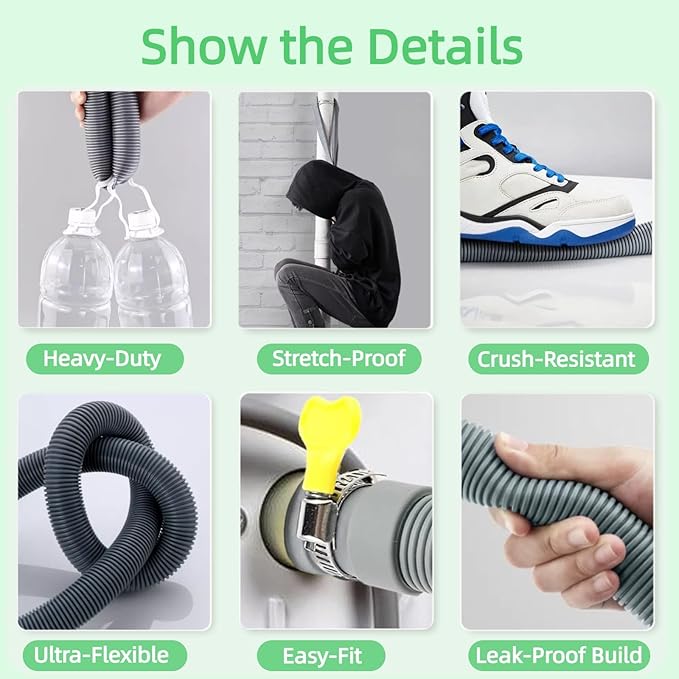 16-FT Universal Washing Machine Drain Hose Kit – Extra-Long Flexible Corrugated Extension for Washer/Dishwasher/Dehumidifier | 7-Piece Set: U-Bend Bracket, 4 Stainless Clamps + Adapter - Image 3