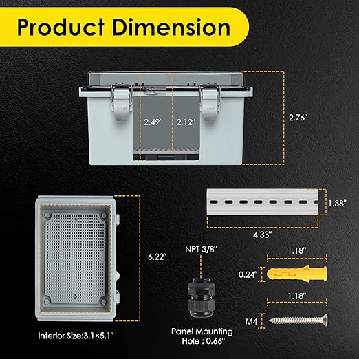Waterproof Electrical Junction Box, IP67 Plastic Weatherproof Electrical Enclosure with Aluminum DIN Rail, Mounting Plate, Wall Brackets for DIY Project WiFi, Clear (5.9"×3.9"×2.8") - Image 3