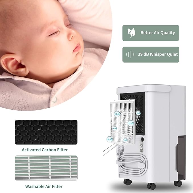Uhome 30 Pint Dehumidifier - for Basement with Activated Carbon Filter,Ultra Quiet, Humidity Sensor, Auto Shut Off, Continuous Drainage Hose - Ideal Dehumidifiers for Home, 1500 Sq Ft Dehumidifiers - Image 3