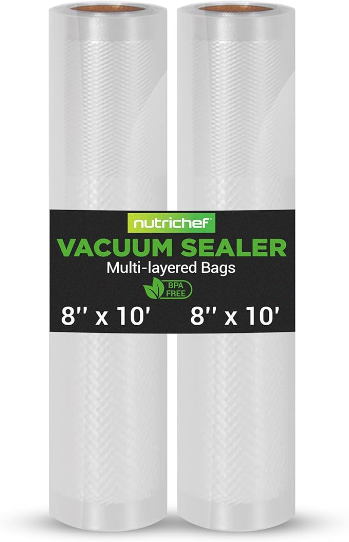 NutriChef Vacuum Sealer Bags 8x10 Rolls 2 Pack - Food Saver, Seal a Meal - Commercial Grade, Heavy Duty, Wrinkle Free, Keeps Produce Fresh, Ideal for Storage, Meal Prep, Sous Vide Cooking by NutriChef%E2%84%A2Kitchen