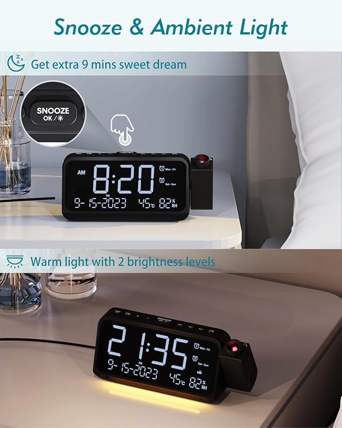 Roxicosly Projection Alarm Clock for Bedroom Ceiling, 118 dB Super Loud for Heavy Sleepers, Dual Alarm with Weekday/Weekend, Adjustable Volume, 6.7" Large Digital Dimmable Display, Easy to Read - Image 6