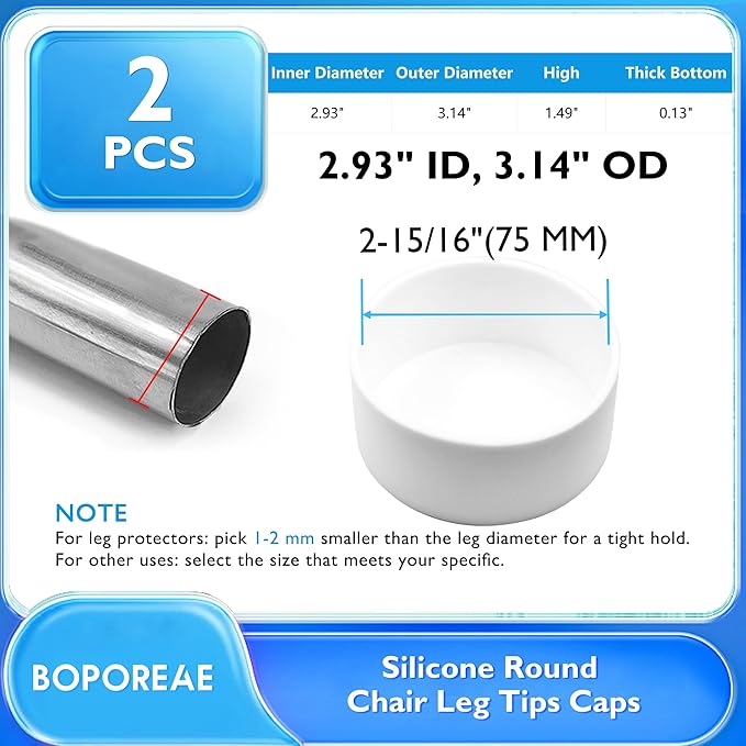 2 Pcs 2-15/16" (75 mm) Round Chair Leg Tips Caps, Silicone Rubber Furniture Leg Floor Protectors, Reduce Noise Folding Metal Chair Leg Cap Replacement for Bar Stool Leg Patio Indoor, White - Image 9