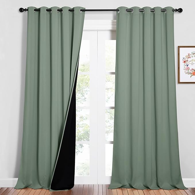 NICETOWN Full Shading Curtains for Windows, Super Heavy-Duty Black Lined Blackout Curtains for Bedroom, Privacy Assured Window Treatment (Greyish Green, Pack of 2, 62 inches W x 95 inches L) by NICETOWN