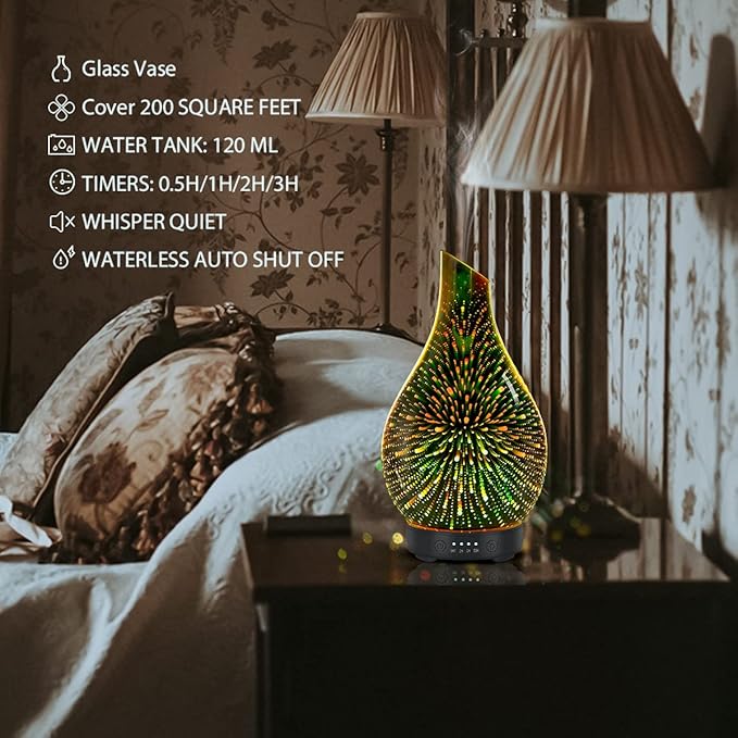 Essential Oil Diffuser 120ml Ultrasonic Aromatherapy Diffuser with Handmade Glass with Auto Shut-Off Protection 4 Timer Setting 7 Colors Changed LED Diffuser for Home Yoga Office Gifts for Women - Image 4