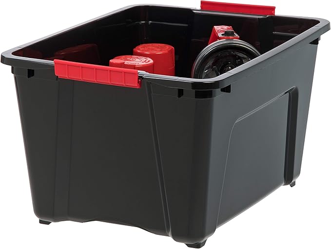 IRIS USA 32 Qt Stackable Plastic Storage Bins with Lids, 6 Pack - BPA-Free, Made in USA - Garage Organizing Solution, Latches, Durable Nestable Containers, Secure Pull Handle - Black - Image 6