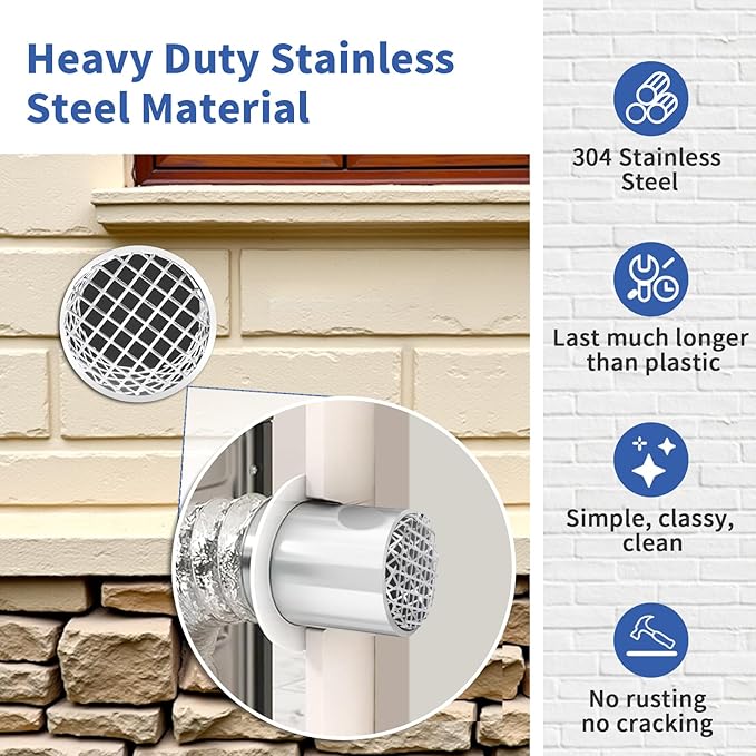4" PVC Termination Vent Mesh Cap, 304 Stainless Steel Dryer Vent Screen Outdoor, PVC Roof Vent Cap, High Airflow Built-in Grill, 3.75" to 3.85" Conical Net, for 4in Dryer Vent Hose, Exhaust Vent Mesh - Image 2