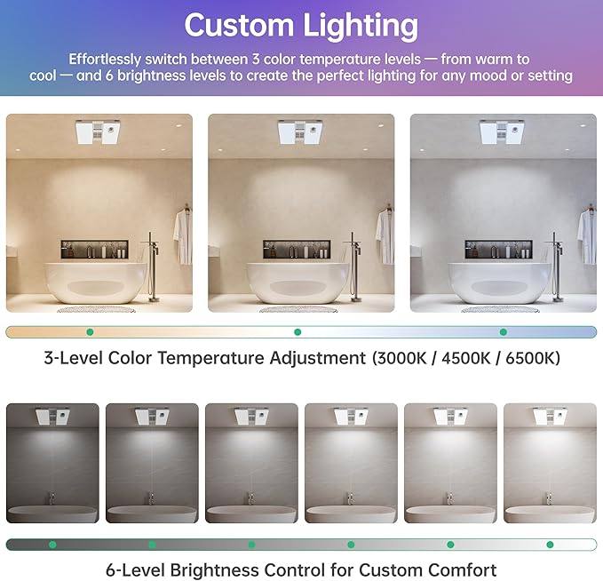 Bathroom Exhaust Fan with Heater, Light, Bluetooth Speaker and Odor & Humidity Sensors, 230 CFM Quiet Ceiling Fan with 3 Dynamic RGB Lighting, 3CCT - Remote App Control - Works with Alexa - Image 8
