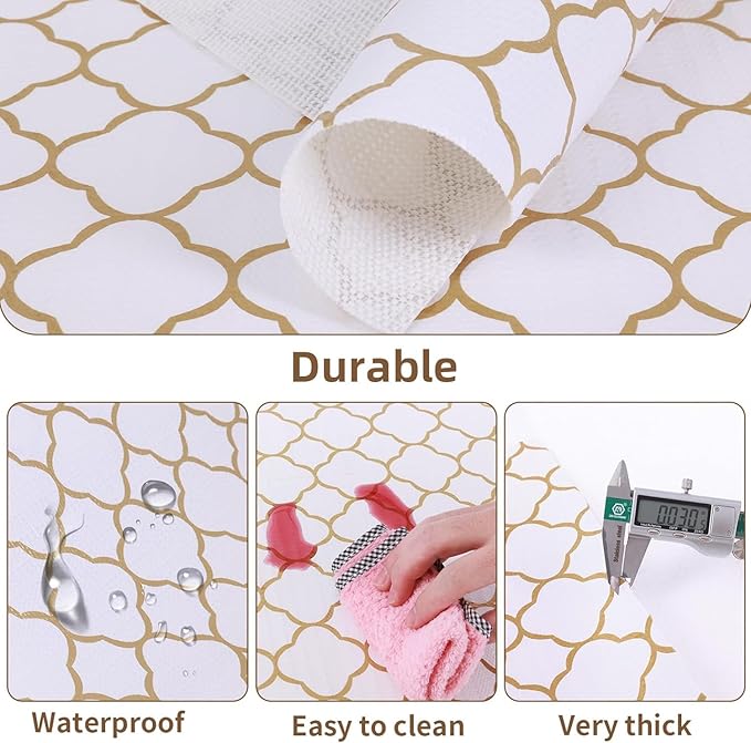 Shelf Drawer Liners for Kitchen Cabinets Non Adhesive Drawer Liner Thickened Refrigerator Liner Gold Quatrefoil Strong Non-Slip Paper for Tool Box with Knife and Tape Measure,11.8 x 118 Inches - Image 5