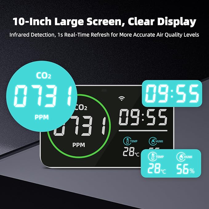 WiFi CO2 Detector, 9 Inch CO2 Monitor for CO2 Temp Humidity, Extra Large Display Digital Clocks, Air Quality Monitor for Indoor/Outdoor with Alerts, CO2 Infrared Sensor, Optical Sensor - Image 8
