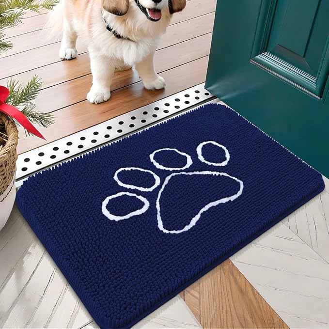 OLANLY Dog Door Mat for Muddy Paws 24x16, Paw Print Design, Absorbs Moisture and Dirt, Absorbent Non-Slip Washable Doormat, Quick Dry Chenille Mud Mat for Dogs, Entry Indoor Entryway Carpet, Navy Blue by OLANLY