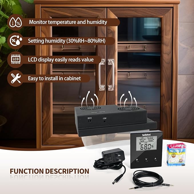 Briidea Electric Humidifiers for Cabinet (1-8 Cubic Ft.), 30% RH~80% RH Humidity Setting Values, Perfect Monitoring Temperature and Humidity, 12V Adapter Power Supply - Image 2