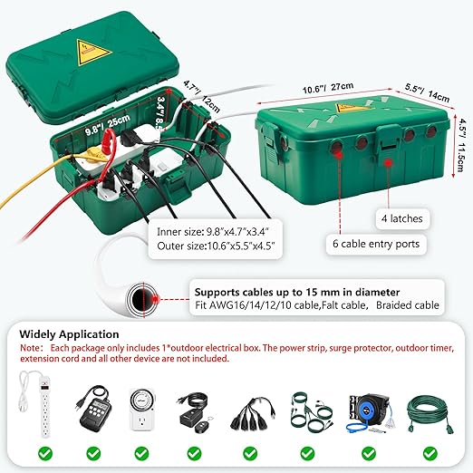 Hrensaw Large Outdoor Electrical Box(12.5x8.5x5inch),IP54 Waterproof Outdoor Outlet Covers,Weatherproof Extension Cord Covers Protect Outlet,Plug,Timer,Power Strip,Holiday Light,Green - Image 2