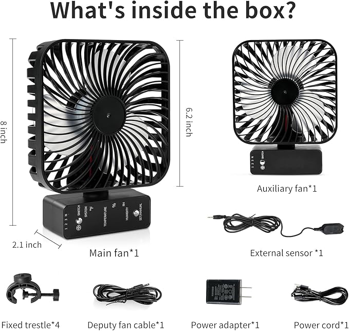 6" Grow Tent Fan with Temp & Humidity Display, Auto Temp & Humidity Control, 4 Speeds, 90° Oscillation, 2-Pack - Image 6